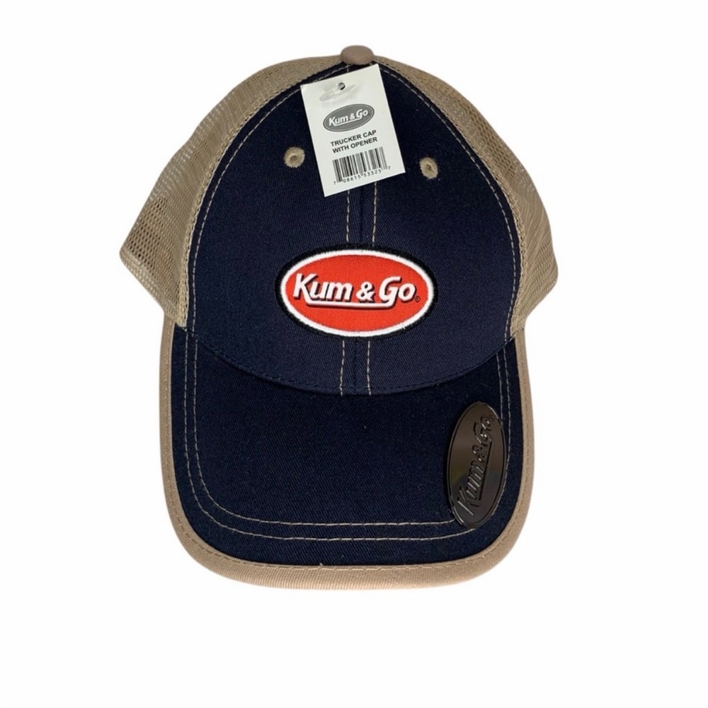 Kum & Go NWT Trucker Hat Beige/ Blue Adjustable Bottle Opener Inside Visor
